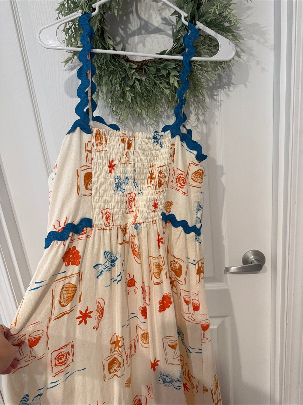 CeCe Cream Maxi Dress with Blue Trim and Orange Print - Picture 5 of 6